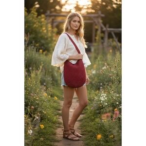 The Sak Hobo Shoulder Bag Womens L Red Lined Inner Zip Pocket charm woven boho